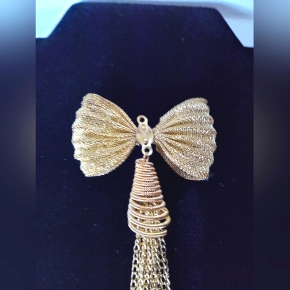 Bow Pendant Gold Tone Mesh Metal With Chain Fringe Tassel Pendant Only Vintage - Picture 5 of 5